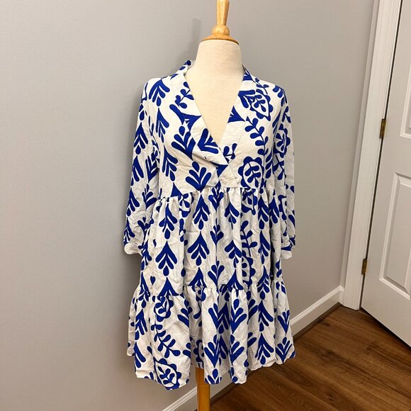 Zara Blue White Bold Print Tiered Swing Dress Sz M - Picture 9 of 11